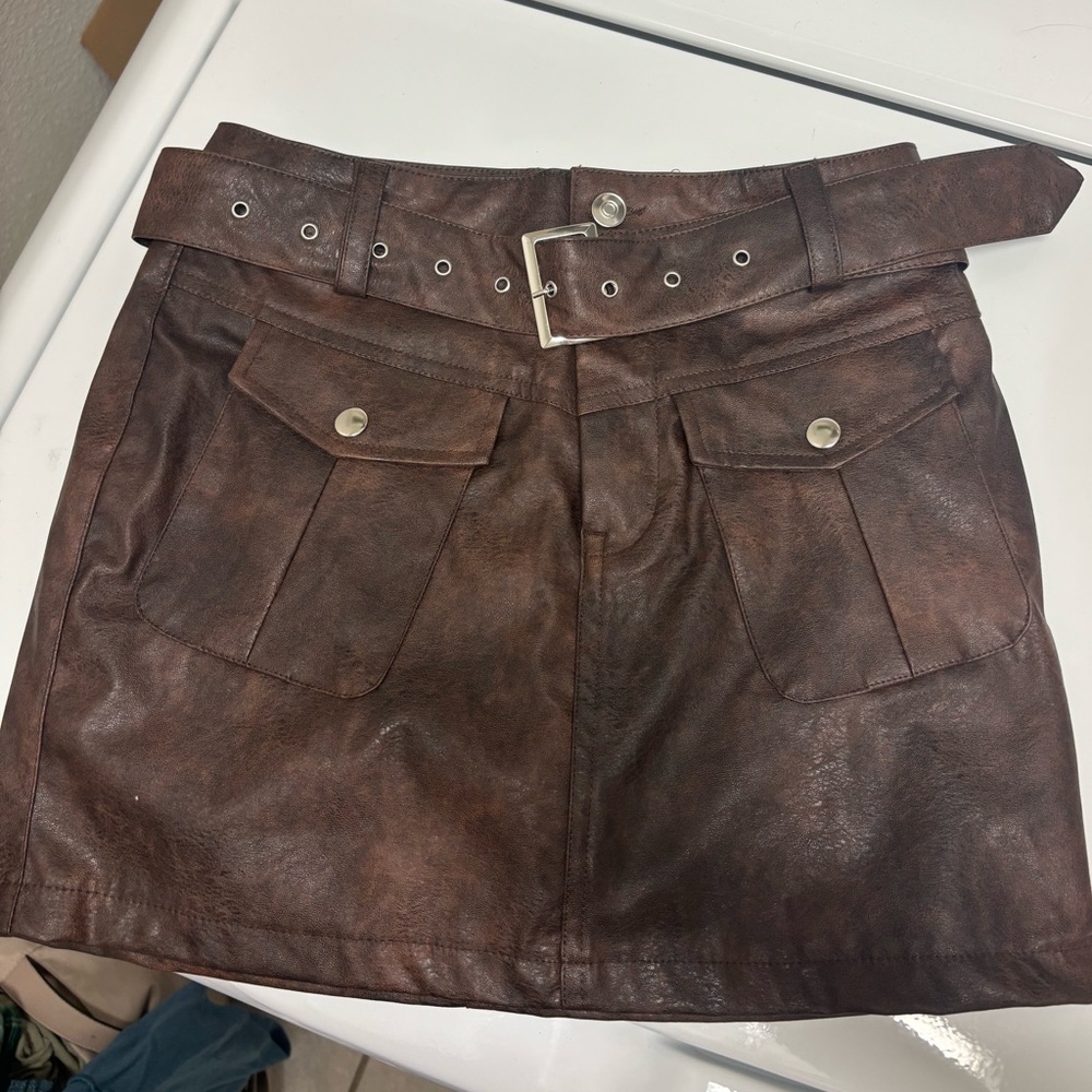 Brown Faux Leather Mini Skirt with Belt